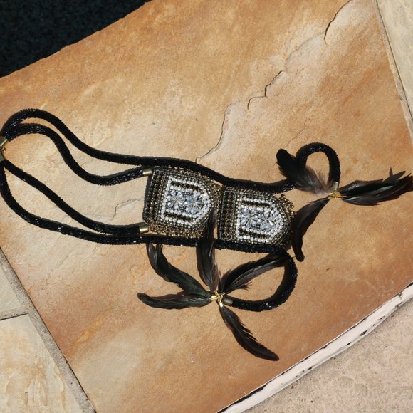 Handmade Bejeweled Necklace Double Medallion Long Tribal Feather Multi Strand - Picture 9 of 10